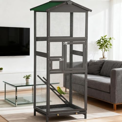 Indoor and Outdoor Aviary House, Wooden birdcages Bird Cage with Pull Out Tray and Wooden Bird cage Two Doors, Spacious Multi-Level Design for Small Birds Like Parakeets, Canaries