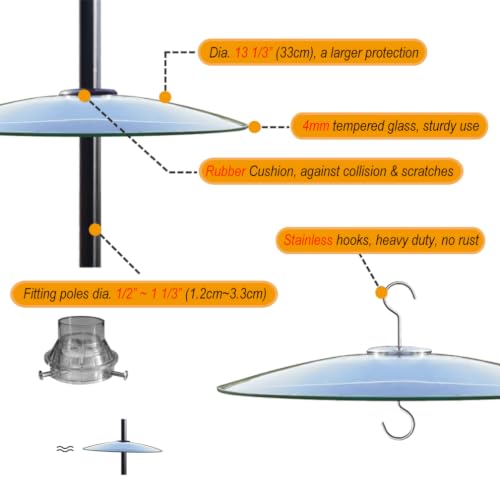 13" Large Glass Rain Cover for Bird Feeder, Clear Weather Guard Dome Shield | Stainless Hooks & Shatterproof Squirrel Baffle, Dual Use on Shepherd Pole or Hook Hanging, Bird House Protector, Dia. 33cm - color: Clear, size: 1PC/Pack