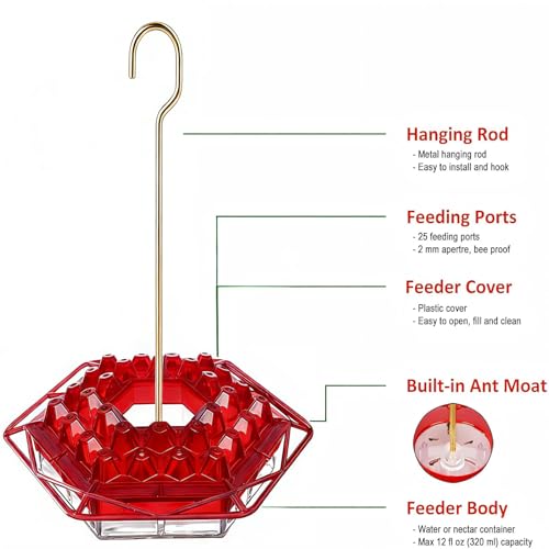 Hummingbird Feeder with Ant-Proof Moat Hummingbird Feeder, Easy to Clean and Refill Includes Hanging Hook, Features 30 Feeding Ports (Red 1PCS) - color: Red 1PCS