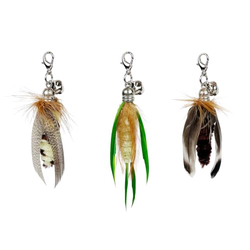 TTcat 3 Pack Mini Natural Feather Cat Wand Refills, Small Detachable Clip-on Feather Replacement Attachments with Bells, Universal Lobster Clasp Cat Teaser Refills, Hunting Prey Toy for Indoor Cats. - color: 3Pcs (Mini Insects)
