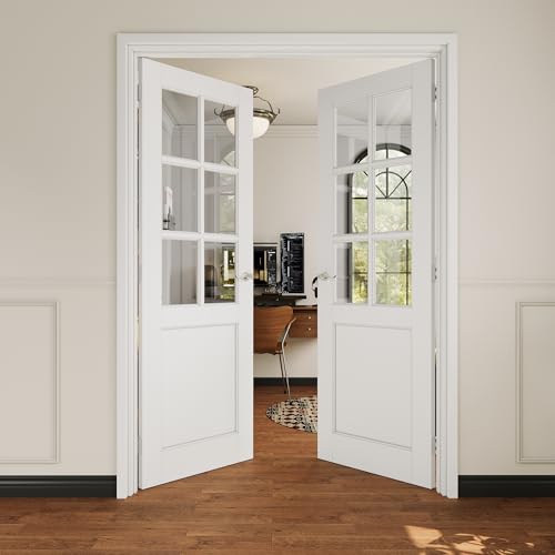 48x80 Interior French Door,6-Lite Clear Glass Doors,Living Room Doors | Satin Nickel Hardware-Privacy Door Lever w/ Lock, Latch&Hinges, Solid Core,Tempered Glass,No PreDrill,Jamb Assembly Required - color: 6 Lite, Silver Hinges, size: 48x80 for 50x82 open