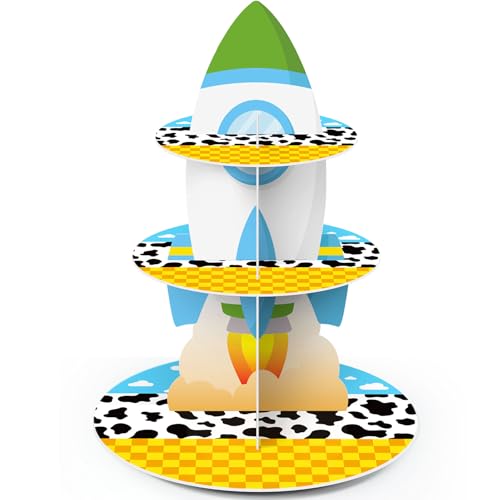 3 Tier Cartoon Story Party Decoration Cupcake Stand Cartoon Story Cupcake Tower Rocket Cake Holder Dessert for Birthday Party Baby Shower Dessert Table Decor Supplies - style: Toy