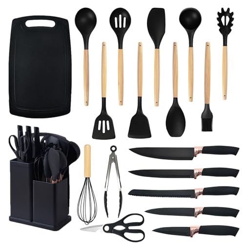 Cooking Utensils Set,19 Kitchen Set Utensils Set with 11 Pieces Spatula Cooking Utensils,Heat Resistant Silicone Utensils 6 Piece Sharp Knife Set 2 Pieces Utensil Cutting Board (Black 19 PCS Set) - color: Black 19 PCS Set