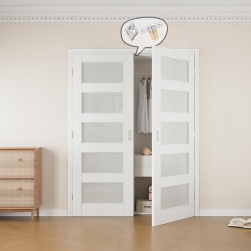 60x80 Interior French Door,5-Lite Frosted Glass Doors,DIY Prehung Room Door | Prefinished & Paintable Double Doors with Ball Catches & Hinges & Handles, Tempered Frosted Glass, Interior Swing Closet Door - color: 5 Panel Frosted Glass, size: 60" x 80"