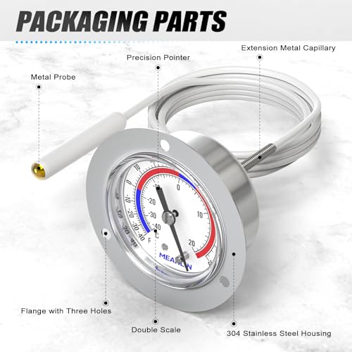 MEANLIN MEASURE 2Pcs Vapor Capillary Refrigeration Thermometer with Stainless Steel Front Flange Mount, 2" Dial, 48" Capillary Length, Temperature Range -40-65°F/-40-20°C, Accuracy 2% - style: 2PCS