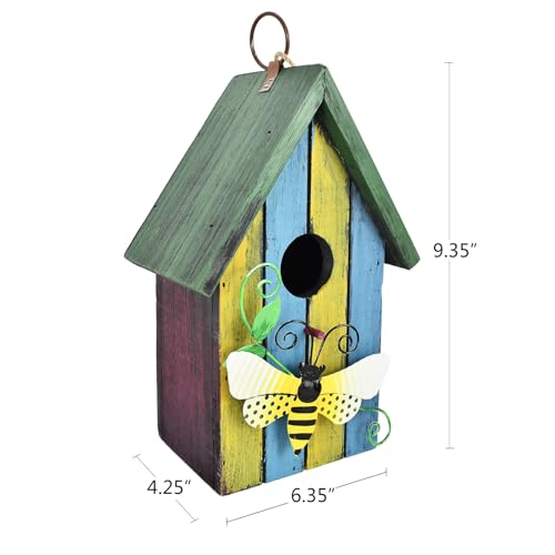 Morning View Bird Houses for Outside Decorative Nest Box Wooden Birdhouse Hanging Spring for Yard Garden Patio Outdoor Small Birds Bluebird Finch Cardinals Wren 9.35 Inch Tall (Light Blue) - style: Bee