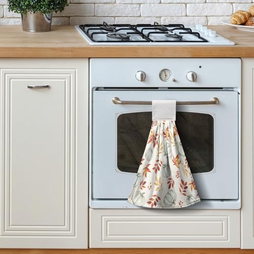 Fall Orange Leaves Pumpkin Kitchen Hanging Towels Autumn Thanksgiving Harvest Hand Towels with Hanging Loops Set of 2 Oven Stove Dish Hang Towel Soft Absorbent Bath Tie Towel - color: Fall Pumpkin Leaves Orange White