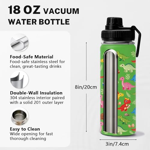 Dinosaur 18oz Water Bottle, with 2 Lids Handle, Insulated Sport Cup | 18oz Stainless Steel Travel Tumbler, Reusable Leak proof Anti Slip Boot Mug,Christmas Birthday Dinosaur Gift for Son - color: Dinosaur1