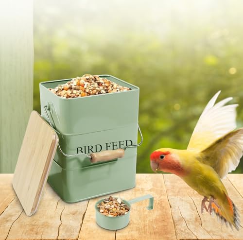 Morezi Bird treat and food storage tin with wooden lid and scoop included - green powder - carbon steel - birds food bin - pet food container storage canister - color: Green wood lid