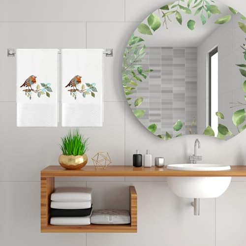 JarThenaAMCS 2Pcs Bird Hand Towels Branch Leaves Bird Embroidered Cotton Bathroom Towels Dish Towel with Ribbons for Drying Cleaning Cooking Gift, 29.5 x 13.7 Inch