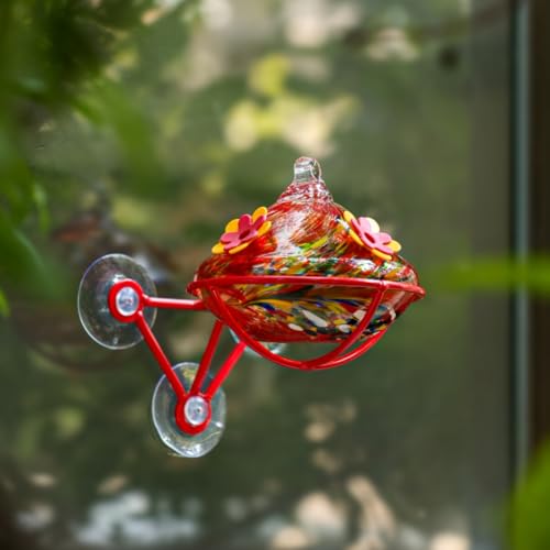 Window Hummingbird Feeder - Hand Blown Glass Mounted Hummingbird Feeder with Strong Suction Cups for Outdoor Window Mount (Red) - color: Red