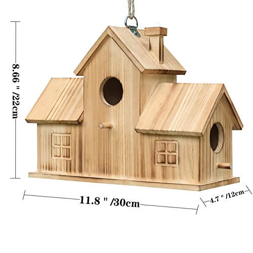 Bird Houses for Outside 3 Hole Bird House Room for 3 Bird Families Outdoor Bluebird Finch Cardinals Wooden Hanging Birdhouse for Garden