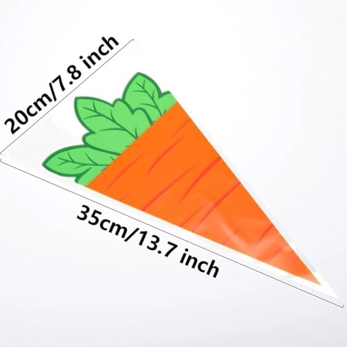 MexLuyu 50Pcs Cute Carrot Gift Wrap Bags Easter Cellophane Treat Bags Carrot Shaped Triangle Bags with Twist Ties Orange Gift Cone Goodie Plastic Bag Easter Party Supplies for Cookie Popcorn