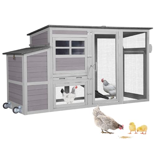Aivituvin Chicken Coop Mobile, Chicken House with Wheels, Wooden Hen House Poultry Cage with Nest Box and Large Run -78in - color: Grey+White