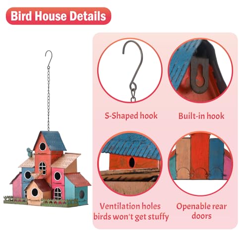 Large Bird House for Outside Hanging, Metal Bird Houses for Outside with 6 Compartments for Birds to Nest in, Durable Colorful Birdhouse with Easy Clean Back Doors, Escape Holes & Ventilation