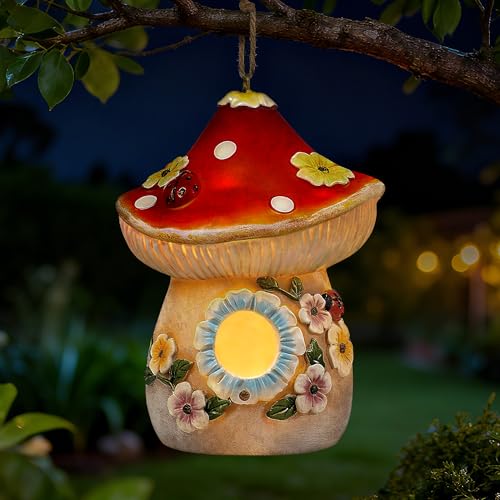 Garden Bird Houses for Outside with Solar Light, Bird Houses for Outside Hanging, Decorative Mushrooms Birdhouse for Bluebird Hummingbird Sparrow, Hummingbird Gifts for Women