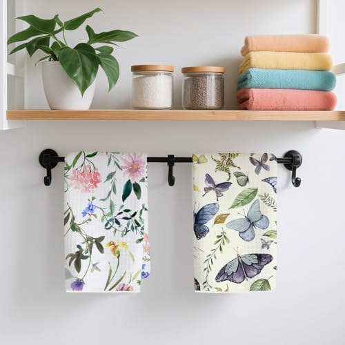 2 Pcs Butterfly Kitchen Towels, Absorbent Microfiber Dish Cloth Tea Towel | Butterfly Gifts Pastoral Floral Decorative , Botanical Waffle Soft Hand Towels for Farmhouse Home Bathroom - color: Multi 0427
