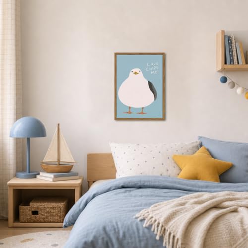 Funny Seagull Wall Art, Love Chips Me Quotes Wall Decor Painting Cute Beach Animal Poster Canvas Prints Picture for Living Room Bedroom Bathroom 12x16 inch Wood Framed - color: Animal-Z, size: 16"L x 12"W