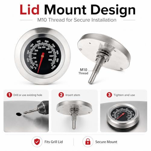 2 Pack 3 Inch Dial BBQ Grill Thermometer, M10 Thread Stainless Steel Temp Gauge -100°F to 1000°F(50°C-500°C), Lid Mount Temperature Indicator for Charcoal Smoker, Barbecue Pit & Outdoor Cooking Grills