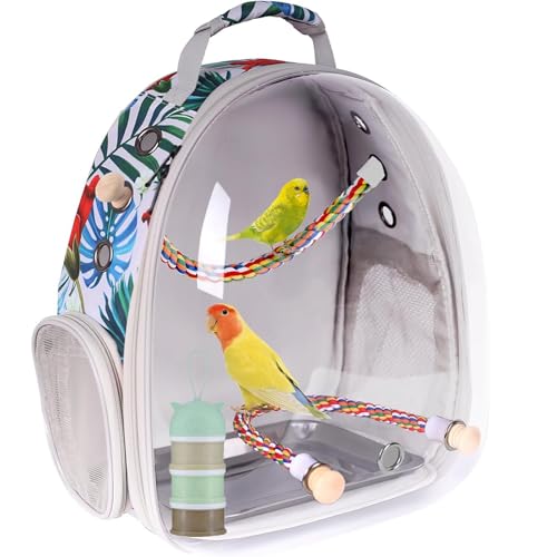 Bird Traval Carrier Cage, Clear Space Capsule Astronaut Backpack to Carry Parakeet Cockatiel Parrot with Metal Tray Wooden Perch and Bird Feeder, Vet Transport Book Bag Floral Printed - color: Floral