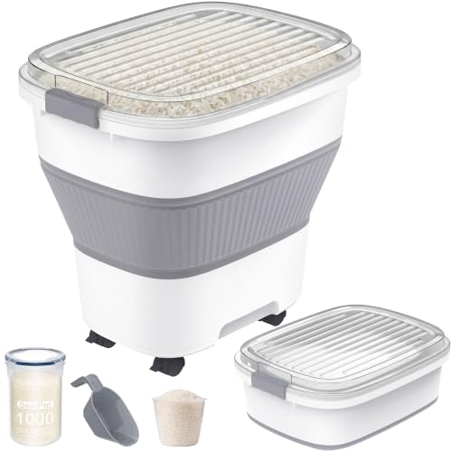 50 Lbs Rice Container, Collapsible Dog Food Storage Container | Airtight Cat Food Container with Wheels, Transparent Lid, Measuring Cup, Scoop, BPA Free for Pet Food, Grain, Bird Seed - color: 50 lbs