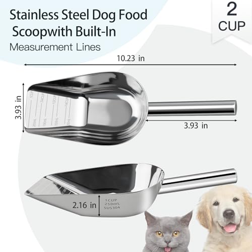 Dog-Cat Food Scoop 1 Cup – Thickened 304 Stainless Steel Pet Food Scoop with Long Handle, Precision Scale, Easy to Clean, for Wet Dry Food - size: Large 1 Cup