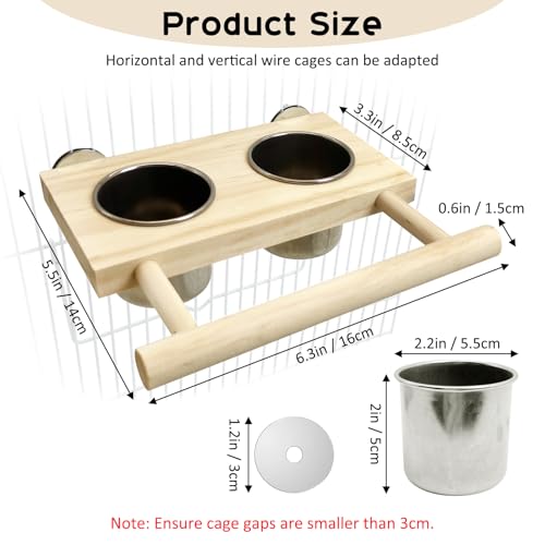 Tfwadmx Bird Feeding Dish Cups with Wooden Platform Hanging Stainless Steel Parrot Cage Feeder Bowl Wood Perch Stand for Parakeet Cockatiels Lovebirds Budgie (Small) - size: Log Perch