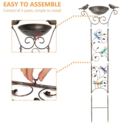 BAYN 43.5 Inch Metal Bird Bath Bowl with Garden Trellis Outdoor | Easy Install, Garden Birdbath and Plants Trellis 2 in 1, Decorative with Dragonfly, Functional Decor for Yard Patio Lawn - style: Dragonfly