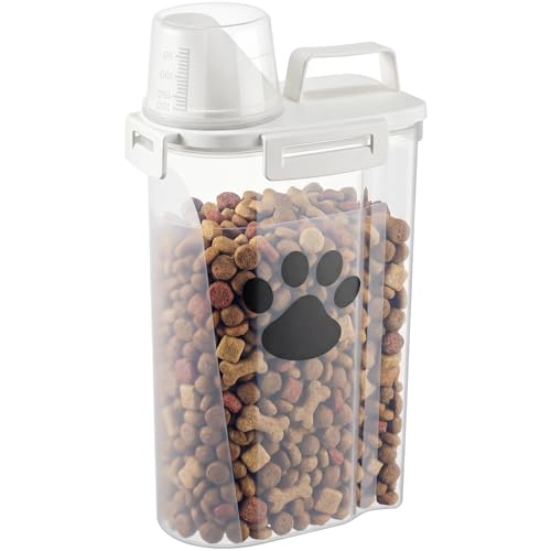 1 Pack Upgraded Dog Food Storage Container with Measuring Cup, Portable Pet Food Containers with Upgraded Large Spout and Cup for Dogs, Cats, Birds, Small Animals (Cream)