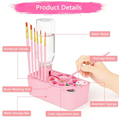 Paint Brush Cleaner Tool,Painting Running Water Circulation Art Supplies,with Brushes,Colors Paint,Watercolor Paper,Paint Station Creative Gift for Kids Girls Adult Artist Beginners - color: Pink
