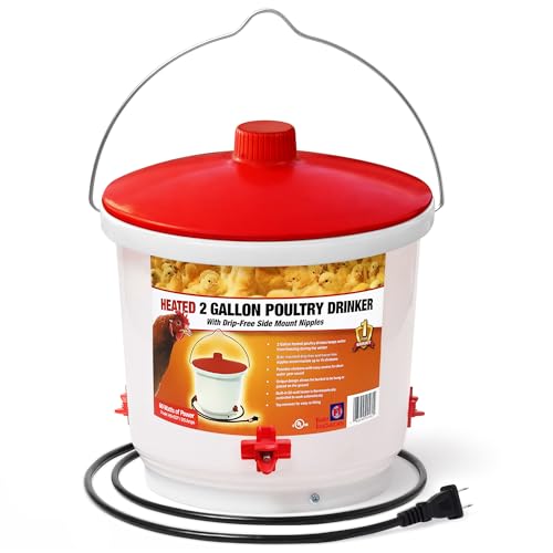 Farm Innovators HB-60P Thermostatically Controlled Heated 2 Gallon Plastic Outdoor Year Round Poultry Chicken Water Bucket Drinker, White/Red | Thermostatically controlled to keep water from freezing, side mounted drip-free/freeze-free nipples for up to 1