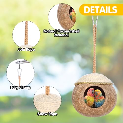 3 Pcs Natural Coconut Bird Hide Nest Hut for Cage with Woven Straw Bird Parakeet Coconut Fiber Hanging Birdhouse Cage Habitats Decor for Parrot Cockatiel Lovebird Finch Squirrel Hamster