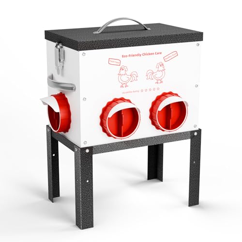 Automatic Chicken Feeder No Waste 35 Pounds 6 Ports Metal Poultry Feeder with Latch & Handle Adjustable Height Heavy-Duty Stand - Outdoor Feeding Station for Chickens, Ducks & Geese
