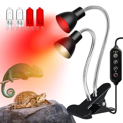 Heat Lamp for Reptile,UVA UVB Light for Turtle,Bearded Dragon Basking Light Bulbs,Dimmable 360°Gooseneck UV Heating Lamp W/ G9 Mini Halogen Bulbs 60W (White*2，Red*2) for Tortoise/Snake/Lizard