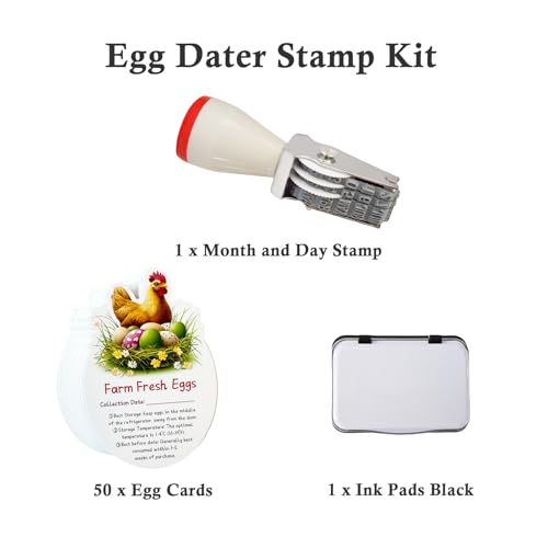 Egg Dater Kit, 1 Date Stamp（Month&Day）, 1 Black Fade-Resistant Ink, 50 Farm Fresh Eggs Instructions, for Chicken Duck Turkey Goose Eggs - color: White/Red
