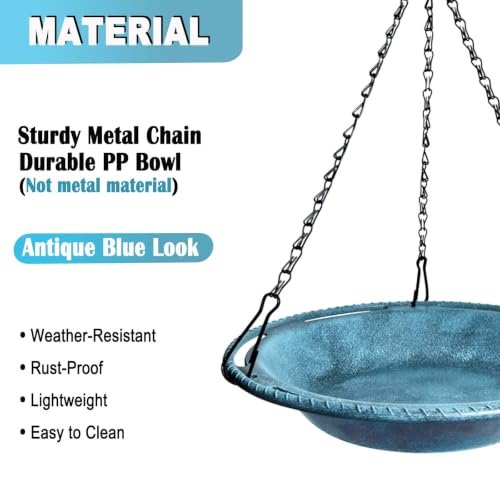 Hanging Bird Bath & Feeder Bowl, 12 in, Antique Blue | Weather-Resistant PP, Backyard Garden Decor - color: Blue