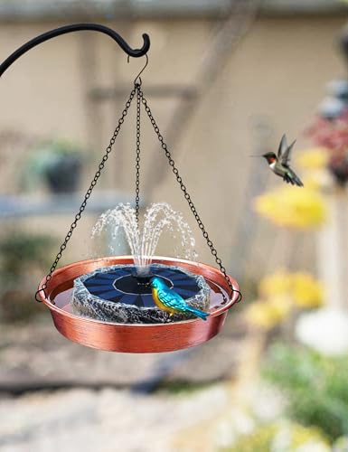 Hanging Bird Bath with Solar Fountain & Water Pump, 11.5” Antique Copper Finish Metal Birdbath Bowl, Rock Design & Solar Panel – Outdoor Garden Decor Yard Art
