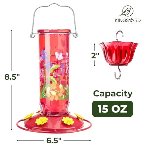 Kingsyard 2 Pack Hummingbird Feeders for Outdoor Hanging - Charming Patterned Glass Humming Bird Feeder with 6 Feeding Ports and Ant Moat, Ideal Gift Choice for Bird Lovers, Red | Extra-Wide Mouth Bottle for Easy Cleaning, 6 Feeding Ports, Built-In Ant Mo