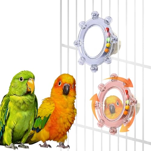 Bird Mirror Toy for Cage, Rotating Interactive Parrot Toy with Bell Sound, Cage Mounted Bird Enrichment Toy for Parakeets, Lovebirds, Cockatiels, Conures, Budgies and Small Birds (Pink+Blue) - color: Pink+blue