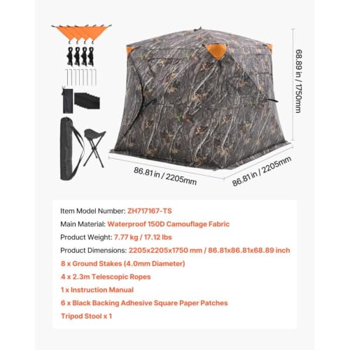 Pop-Up Ground Hunting Shelter Tent, 270° One-Way See Through Spacious Shelter with Silent Zipper Door and Carrying Bag, Waterproof Fabric, Suitable for Deer, Turkey Woodland Hunting