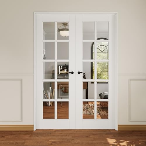 48x80 Interior French Door,10-Lite Clear Glass Doors,Living Room Doors | Matte Black Hardware-Privacy Door Lever with Lock, Latch&Hinges, Solid Core,Tempered Glass,No PreDrill,Jamb Assembly Required - color: 10 Lite, Black Hinges, size: 48x80 for 50x82 op