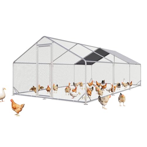 Aoxun Large Metal Chicken Coop, Outdoor Chicken Runs for Yard with Cover, Spire Roof Hen House Enclosure with Security Lock, Walk-in Cage Peak Hen House for Yard Farm (10x20x6.4 FT) - size: 240.0"L x 120.0"W x 76.8"H