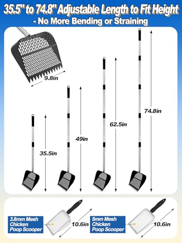 MEWTOGO 3 Pcs Chicken Poop Scooper - 35.5" to 74.8" Adjustable Metal Rake with 3.8mm & 5mm Holes Stainless Steel Scoop Tool for Chicken Coop Accessories Cleaning Droppings Boards Dustbath Areas