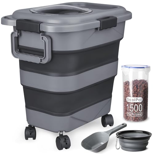 Dog Food Storage Container，23-25 lbs Airtight Collapsible Cat Food Storage Container with Attachable Wheels, Portable Handle, Dog Food Scoop for Dog Cat Bird Pet Dry Food Storage Bin Dark Grey - color: Dark Grey, size: Large