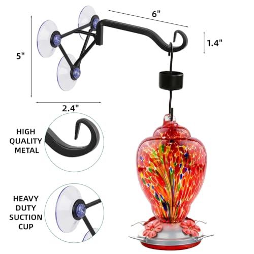 Hand Blown Glass Hummingbird Feeder with Heavy-Duty Metal Window Suction Cup Hangers Colorful Glass Bird Feeder and Window Hook with Accessories (Red)
