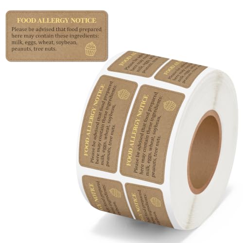 500 Count Food Allergy Notice Allergen Warning Label Stickers | Adhesive Square Kraft Decal Roll, Food Alert Safety for Restaurant Home Kitchen Bakery Cake Shop Packaging, 1 x 2 Inch - color: Food Allergy Kraft Brown