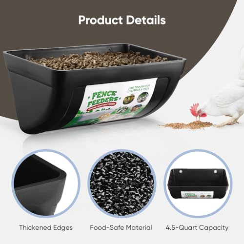 4 Pack Goat Feeders Hanging, 4.5 Quart Black Chicken Feeder, Rabbit Feeders | Feed Buckets for Horses with Clips Hanging Fence Feeders, Duck Feeder, Chicken Water Feeder, Poultry Feeding Trough - color: black