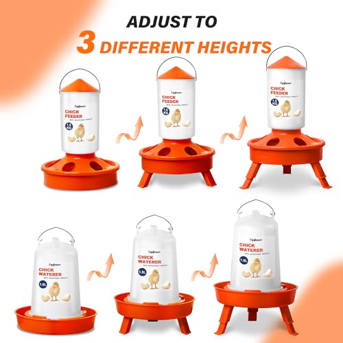 Eggluuz Chick Feeder and Waterer Kit, Top Fill 1.5kg Chick Feeder and 1.5L Chick Waterer with 3 Adjustable Heights