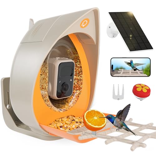 Bird Feeder with Camera Solar Powered, Smart Birds Feeder for Outside, AI Bird Identification Auto Capture Videos Pictures, 2K Live Feed Cam for Backyard, Ideal Gift for Birds Lover - color: light brown