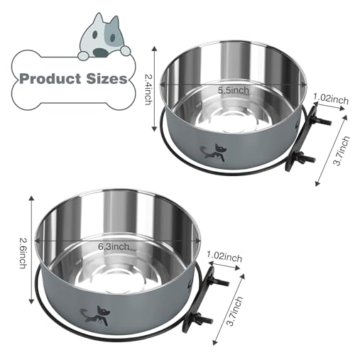 Dog Crate Bowls, 2 Pack Stainless Steel Kennel Water Bowl Hanging No Spill | Mountable Food & Water Dispenser, Elevated Feeder for Crate Cage, for Small to Medium Pets Cat Puppy Bunny Guinea Pig Ferret - color: Gray